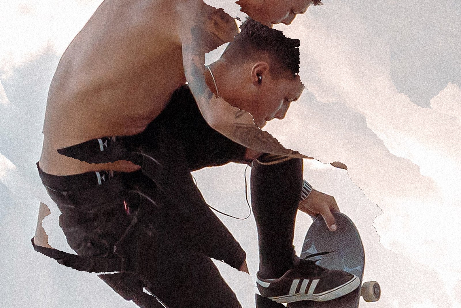 Creative digital art of a skateboarder in motion suitable for graphic designers; ideal for website graphics or print mockups. Keywords: digital art, skateboard, design.
