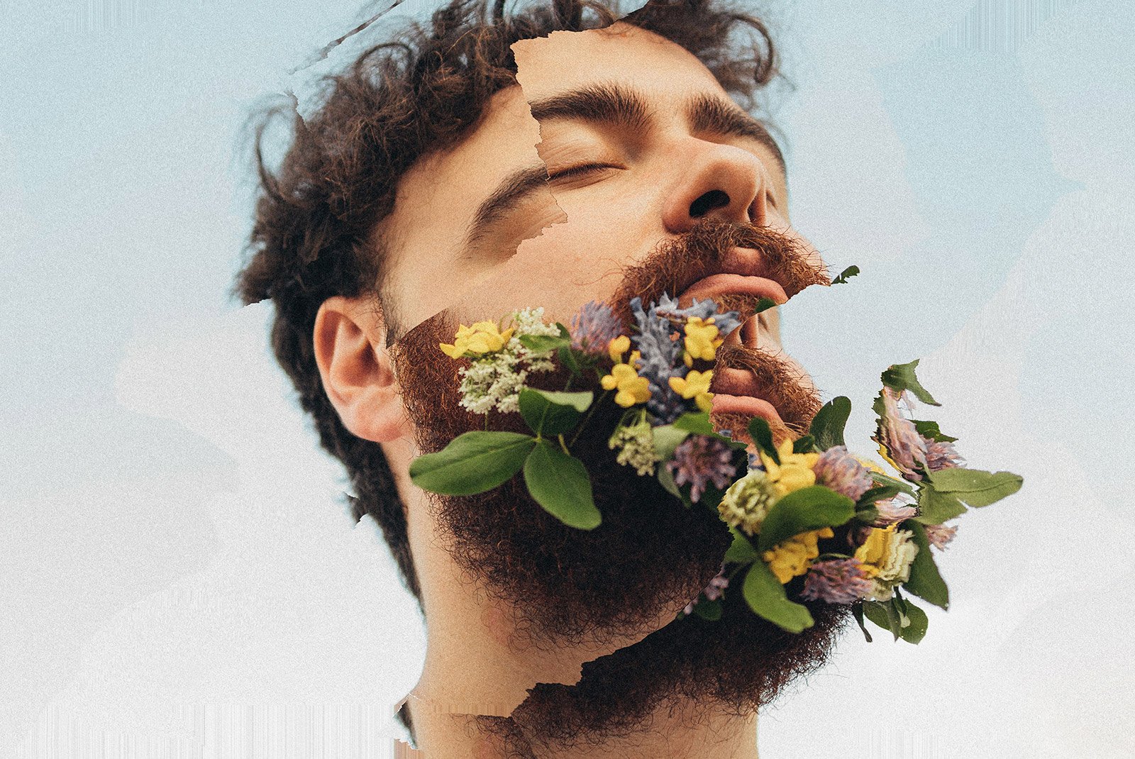 Artistic collage of bearded man with flowers emerging from beard creative graphics for digital designers unique Photoshop effects perfect for design projects.