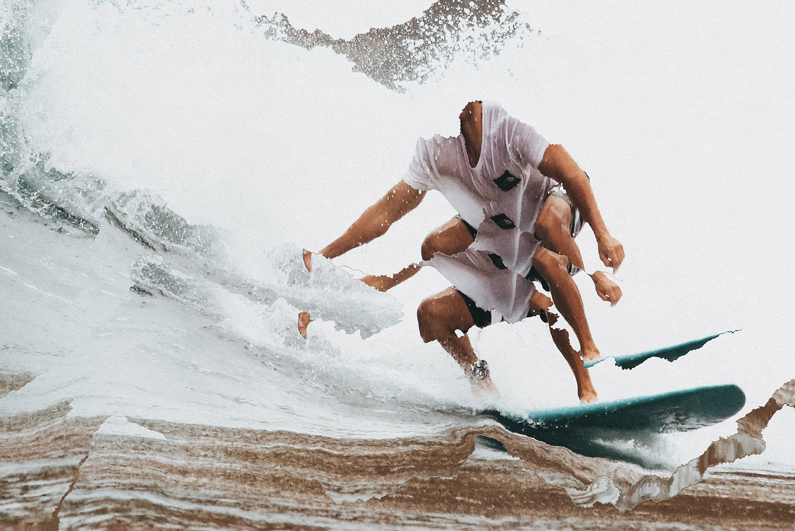 Surfer riding a wave with creative Photoshop effect applied, blending textures of water and sand; perfect for graphics, Photoshop effects or print mockups.