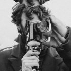 Photographer with vintage camera; grunge Photoshop effect applied. Ideal for graphics, tech or print mockups. High-quality digital asset for designers.