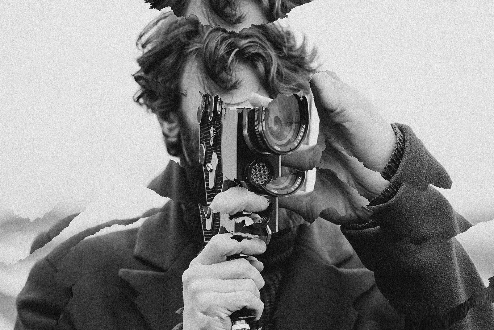 Photographer with vintage camera; grunge Photoshop effect applied. Ideal for graphics, tech or print mockups. High-quality digital asset for designers.