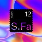 Colorful abstract background with a dark square featuring text S. Fa and numbers. Suitable for graphic designers, digital assets, graphics, print mockups.