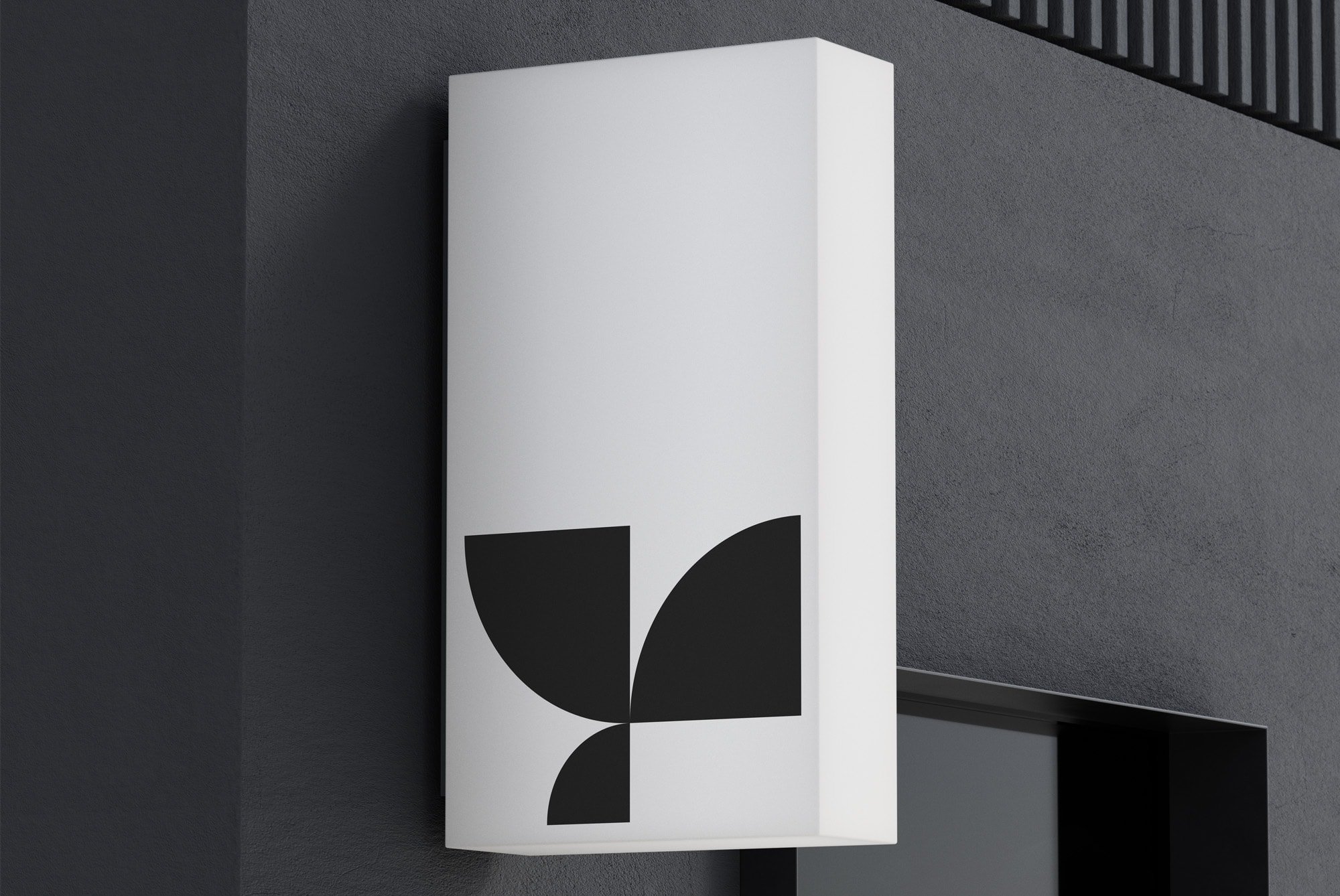 Modern building exterior with white vertical billboard mockup displaying black geometric design ideal for graphic designers seeking professional branding visuals.