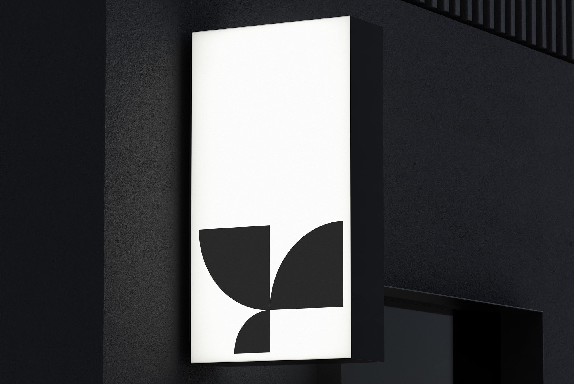 Rectangular illuminated billboard mockup with geometric black shapes on a white background mounted on a dark wall perfect for designers print tech packaging