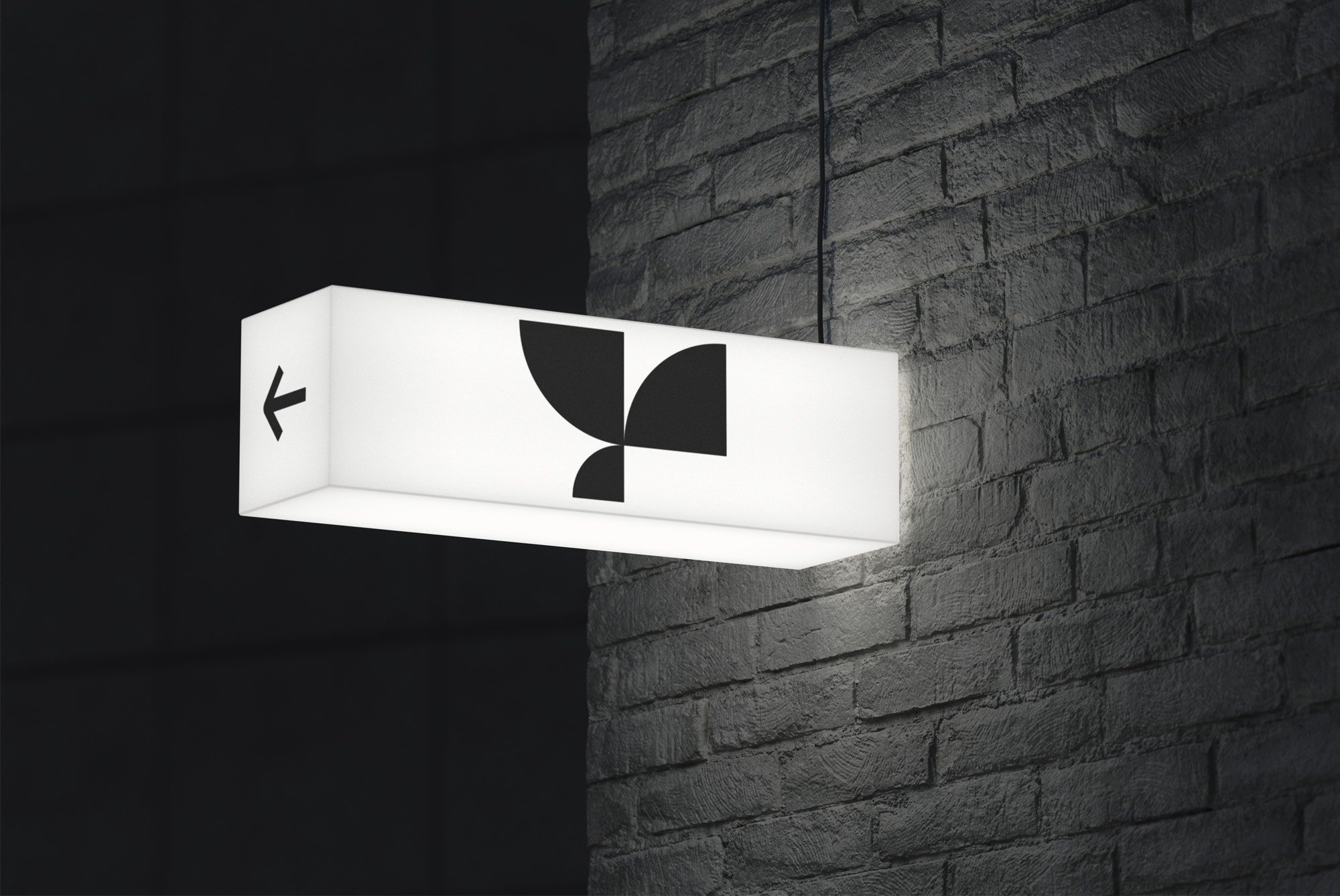 A rectangular illuminated signage mockup with a modern black geometric logo and arrow icon, ideal for graphic designers in print mockups and billboard mockups.