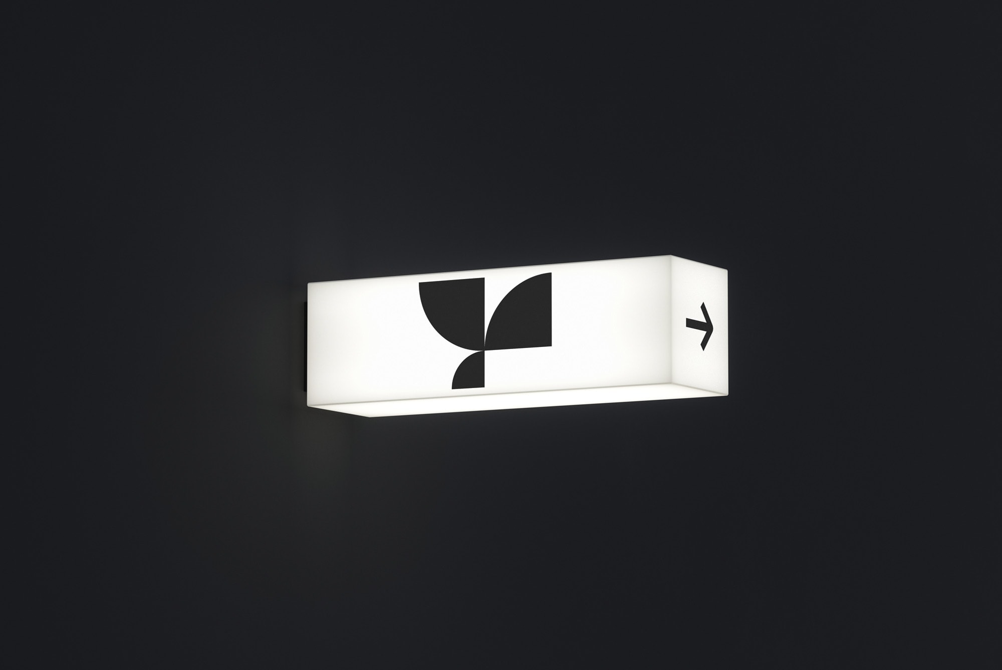 Rectangular illuminated sign mockup featuring a geometric logo and directional arrow on a dark background, ideal for graphic designers and signage design.