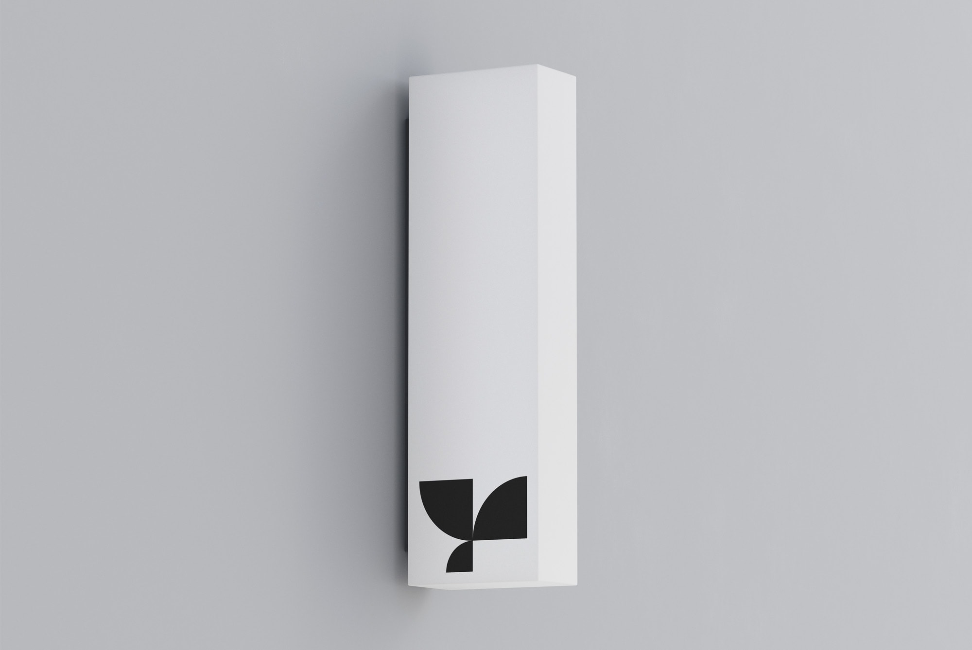 Minimalist white packaging mockup with black geometric logo design isolated on light gray background. Perfect for graphic designers, packaging mockups, branding.