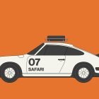 Vector illustration of a white classic rally race car with number 07 and Safari text on the side over an orange background. Ideal for graphic design assets.