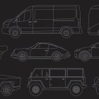 Vector car illustrations set showing side profiles of various vehicles including vans, sports cars, and SUVs. Ideal for graphic design and mockup projects.