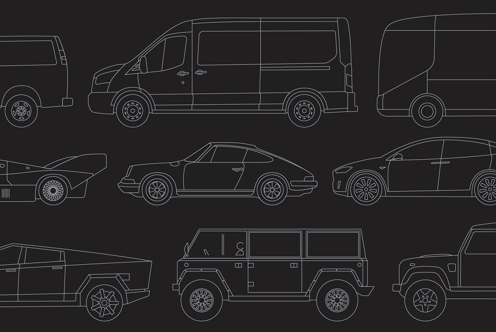 Vector car illustrations set showing side profiles of various vehicles including vans, sports cars, and SUVs. Ideal for graphic design and mockup projects.