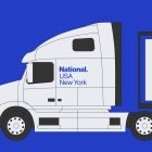 Illustration of white transport truck with National USA New York text, suitable for billboard mockups and graphic design projects for graphic designers