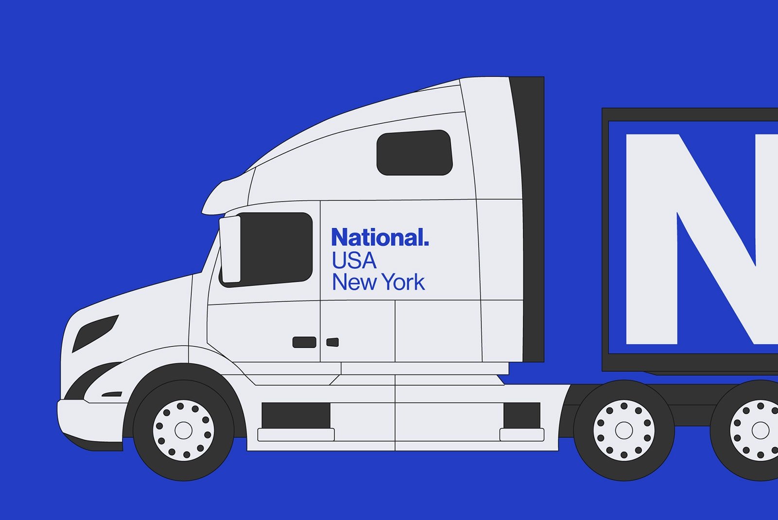 Illustration of white transport truck with National USA New York text, suitable for billboard mockups and graphic design projects for graphic designers