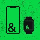 Tech mockup featuring Apple iPhone 12 and Sony SmartWatch 3 on bright green background optimized for graphic designers by Portfolio Ready Mockups