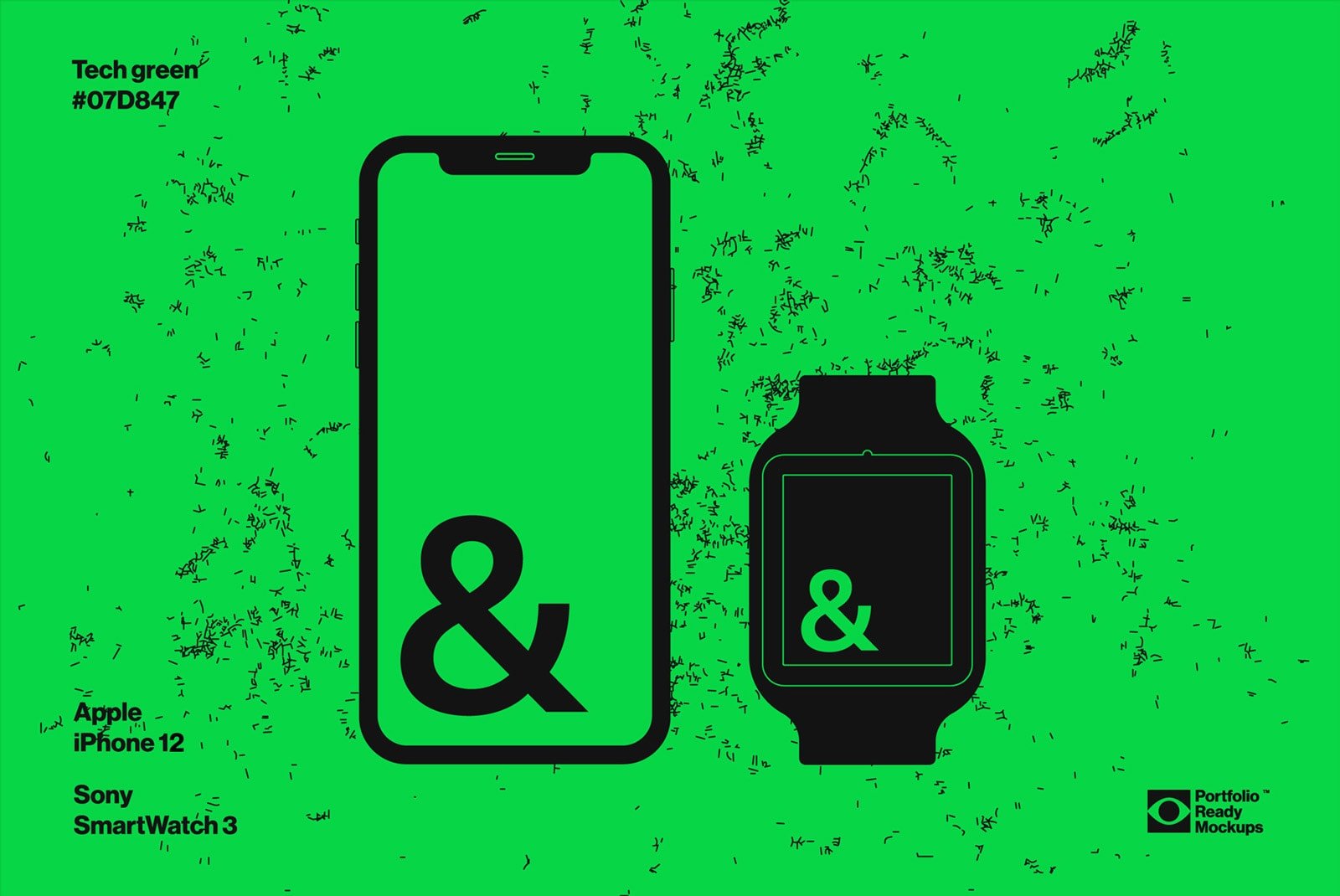 Tech mockup featuring Apple iPhone 12 and Sony SmartWatch 3 on bright green background optimized for graphic designers by Portfolio Ready Mockups