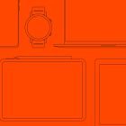 Flat design tech device mockup featuring devices like a smartwatch, smartphone, laptop, and tablet on a red background ideal for tech mockups.