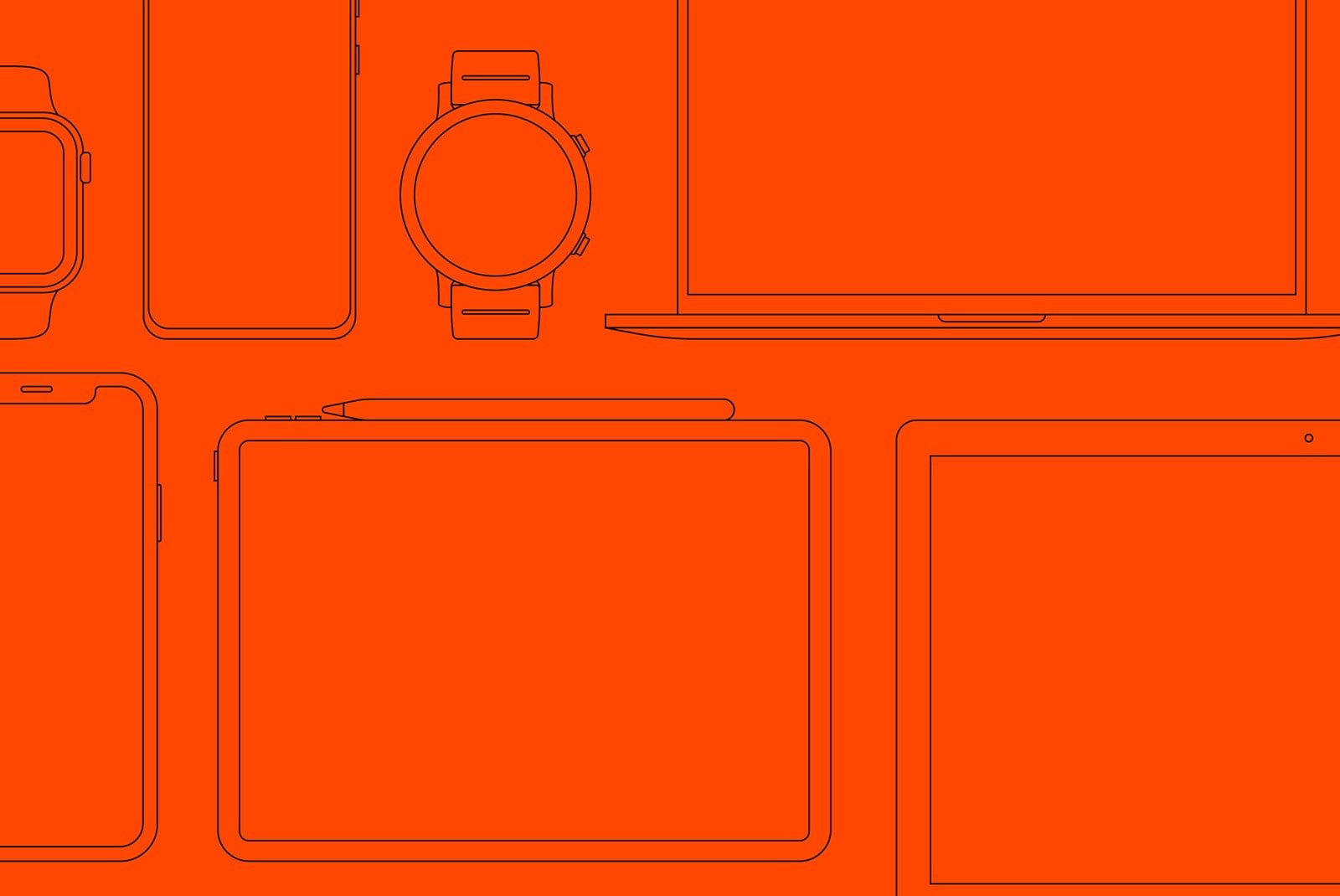 Flat design tech device mockup featuring devices like a smartwatch, smartphone, laptop, and tablet on a red background ideal for tech mockups.