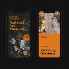 iPhone mockup showing a National Art Museum exhibition and Drawing Sessions news. Suitable for tech mockups, print mockups. Keywords: Graphic design, template.