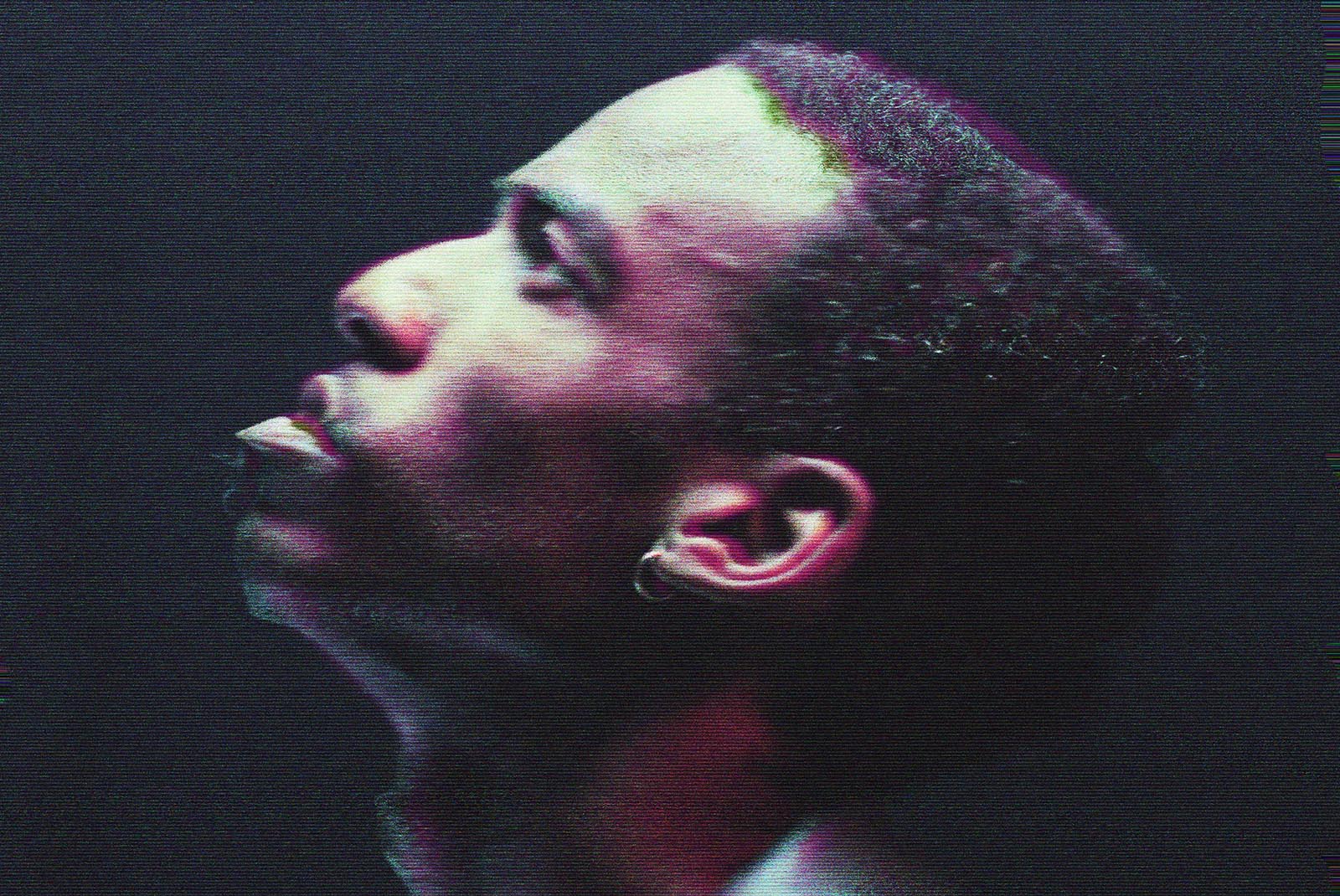 Stylized side profile of a man with a glitch effect texture on a dark background perfect for Photoshop effects and graphic design projects