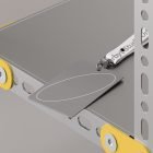 Lanyard with blank ID card mockup hanging on a metallic industrial-style frame with yellow accents ideal for print mockups and graphic design templates.
