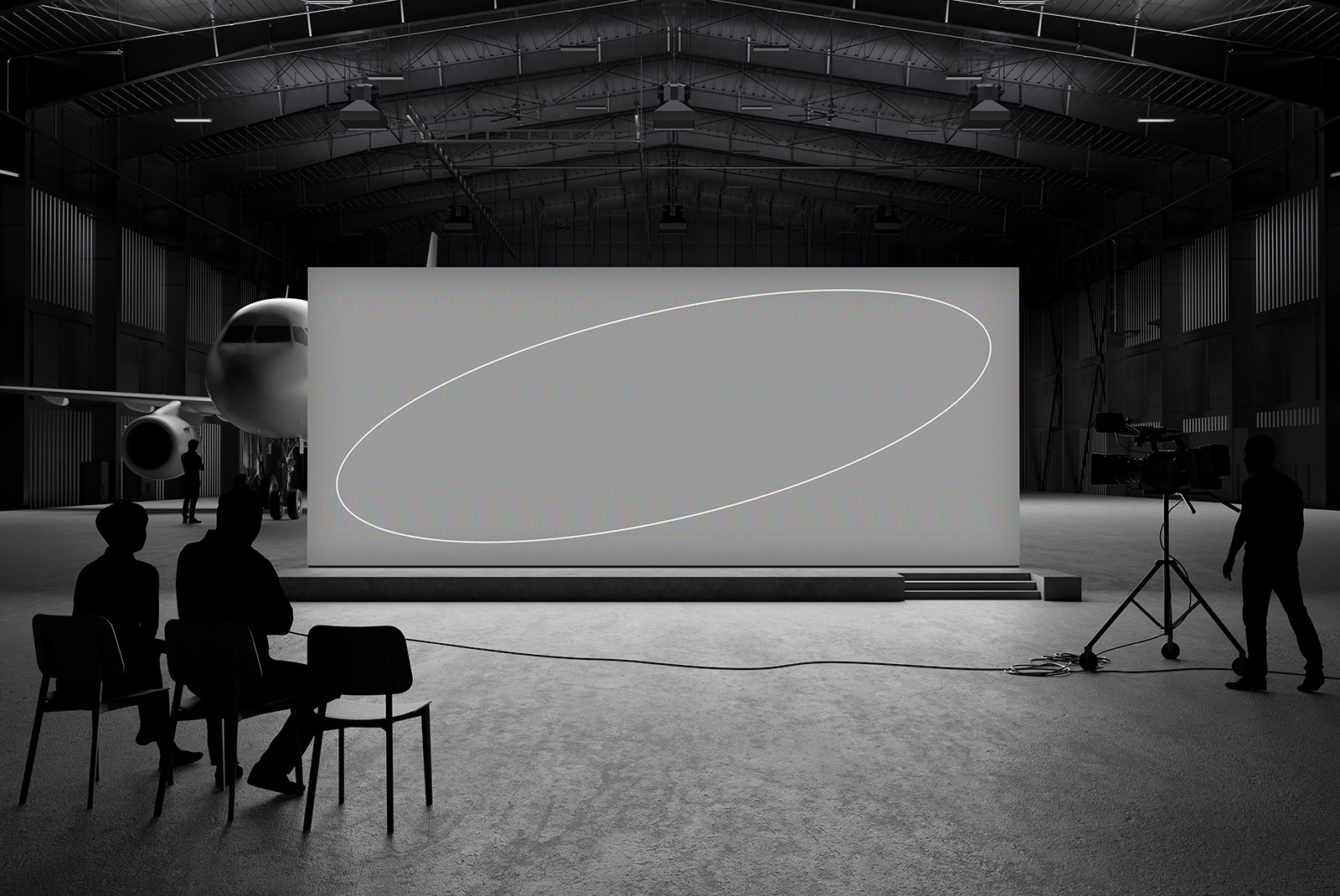 Large airplane hangar with a blank billboard and people watching. Suitable for billboard mockups and advertising design, ideal for graphic designers
