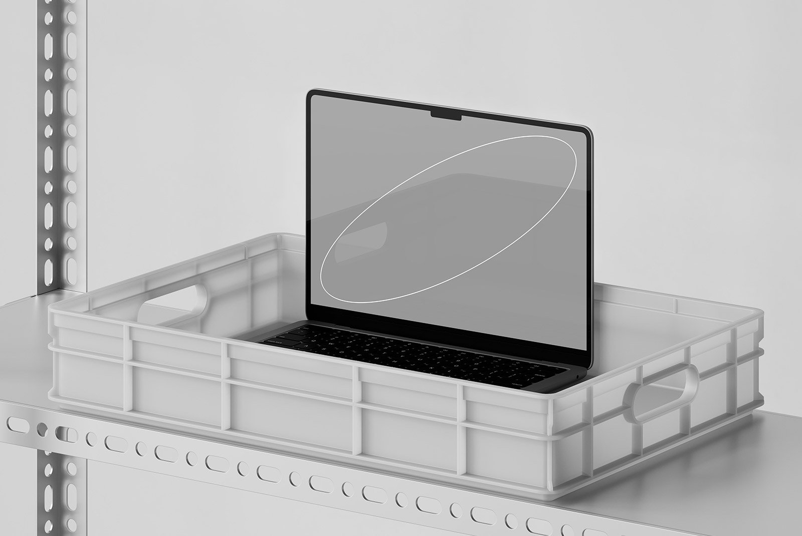 Laptop on metal shelf in plastic crate mockup. Perfect for showcasing tech mockups and product designs aimed at graphic designers. High-resolution display.
