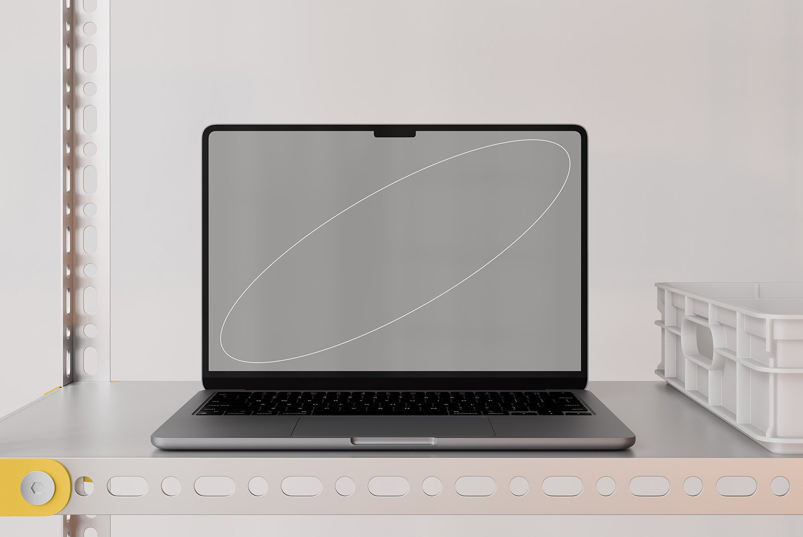 Laptop on a metal shelf with a gray screen mockup showcasing simple graphics. Suitable for tech mockups, graphic designers, digital assets, web design.
