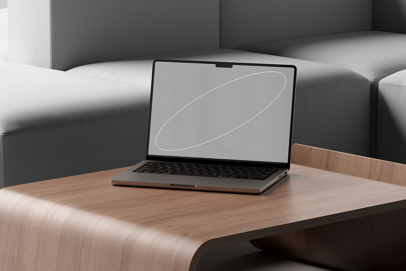 Laptop on wooden table mockup, grey couch background, tech mockups, digital assets for graphic designers, realistic display mockup, minimal design.
