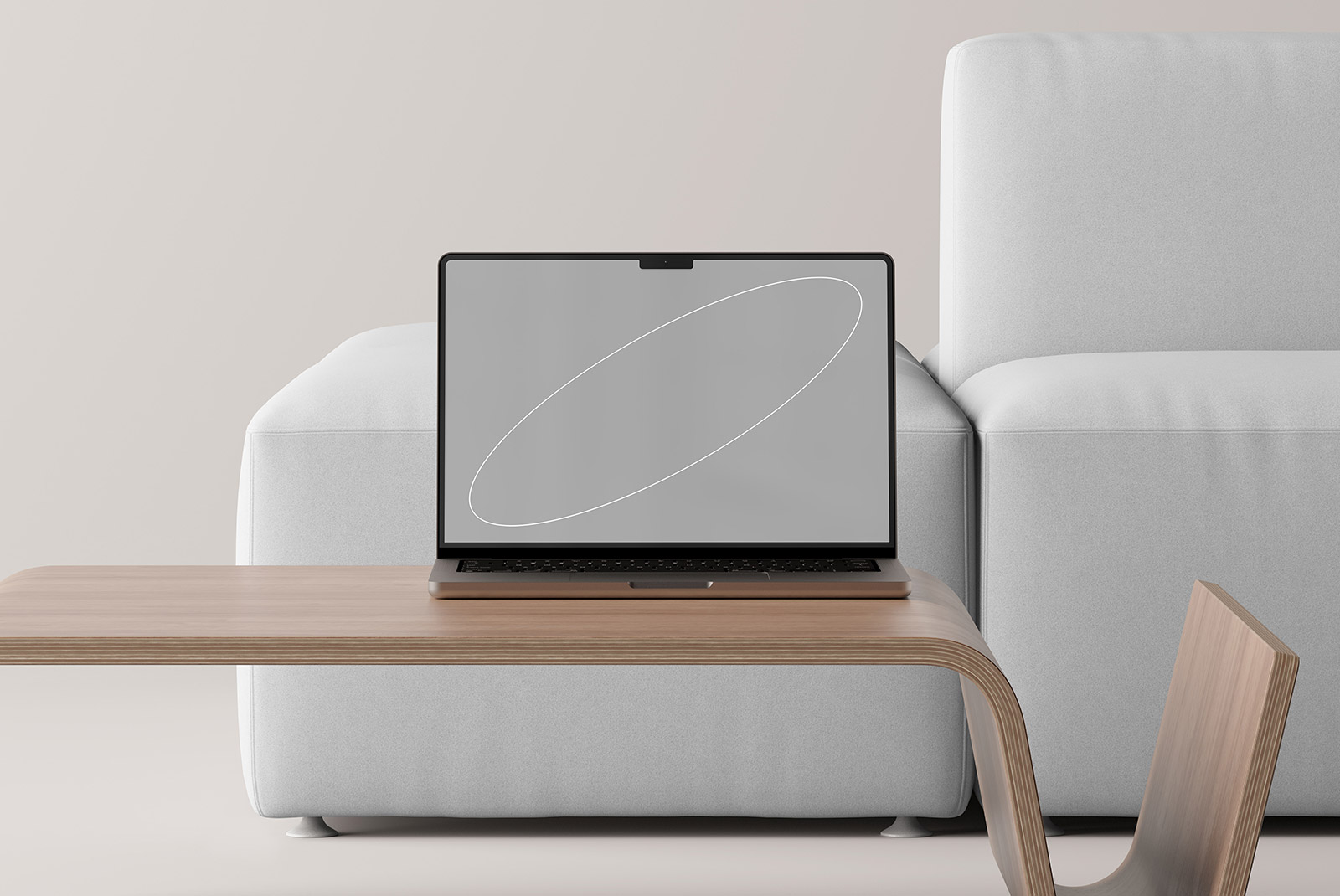 Laptop on modern table in minimalistic setting, showcasing tech mockup ideal for graphic designers, digital assets, design resources, mockup templates.
