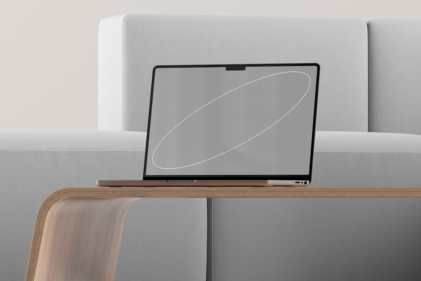 Tech mockup featuring a modern laptop on a stylish wooden table in front of a gray sofa perfect for digital assets and graphic designers.