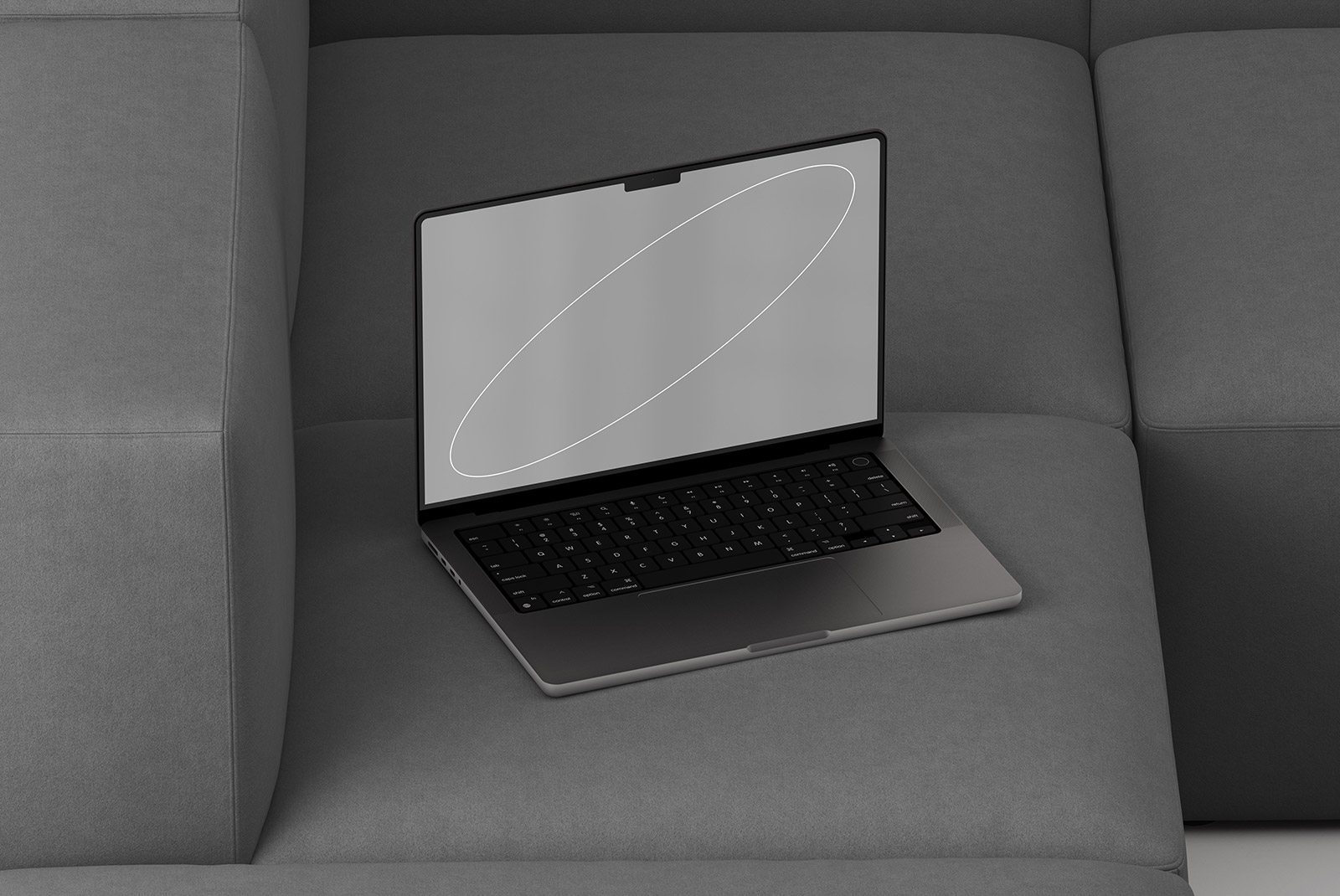 Modern laptop computer displaying blank screen on gray cushioned surface. Ideal for tech mockups, digital product presentations, graphic design resources.