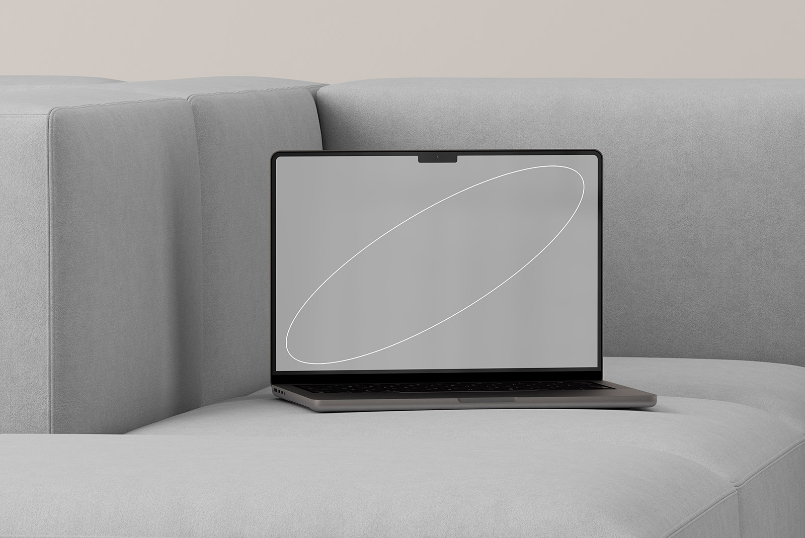 Laptop mockup on gray sofa with sleek design and minimalist background ideal for tech mockups graphic designers digital assets and design presentations.