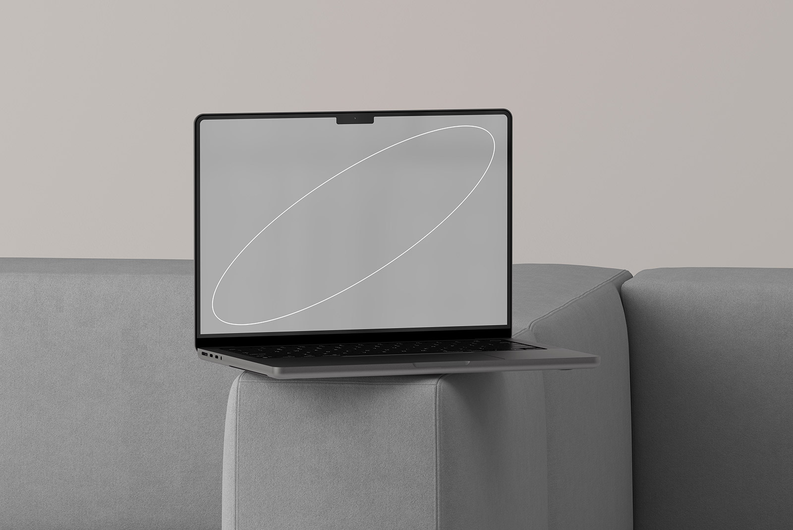 Modern laptop tech mockup on a gray couch minimalist design ideal for graphic designers digital assets product mockups showcase clean user interface