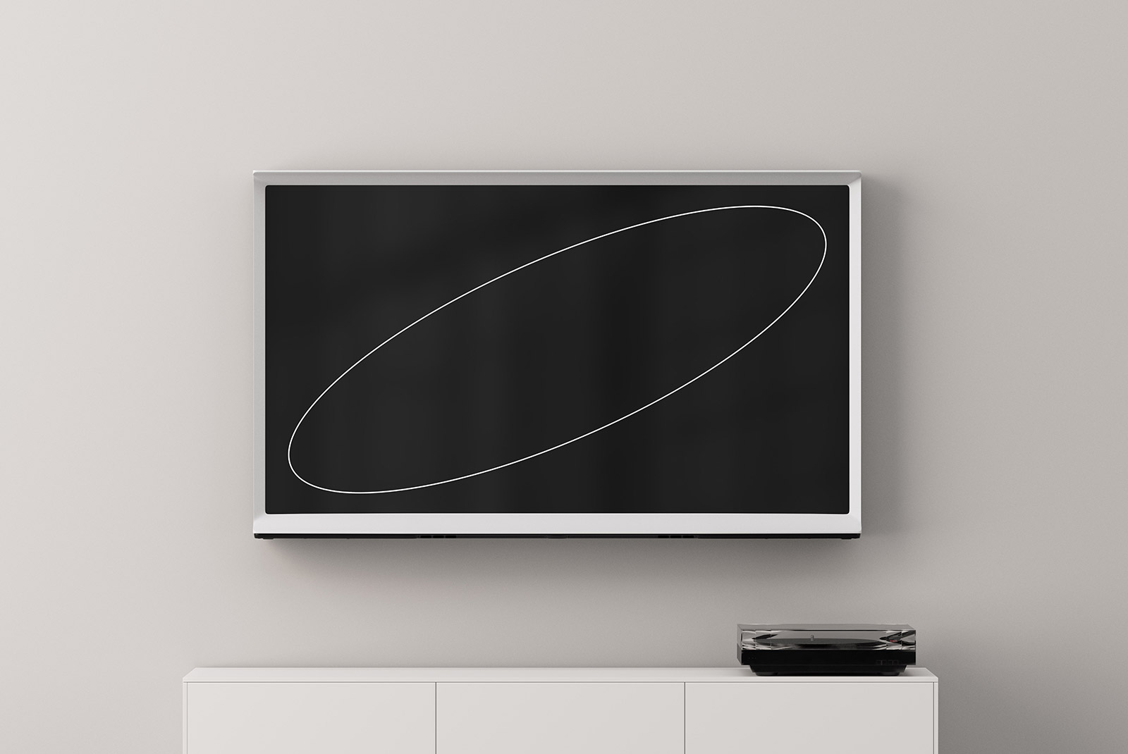 Blank digital screen mockup in a minimalistic home interior, suitable for tech mockups for graphic designers, with a modern media console.
