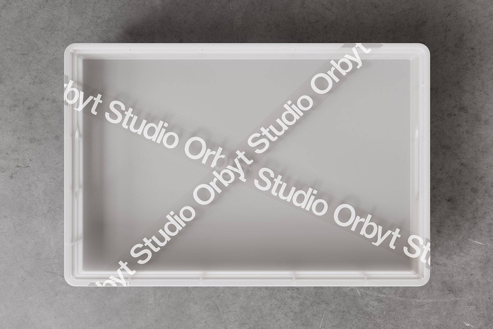 Packaging mockup featuring a transparent plastic bin with Studio Orbyt branding tape, ideal for showcasing designs in print and packaging categories.