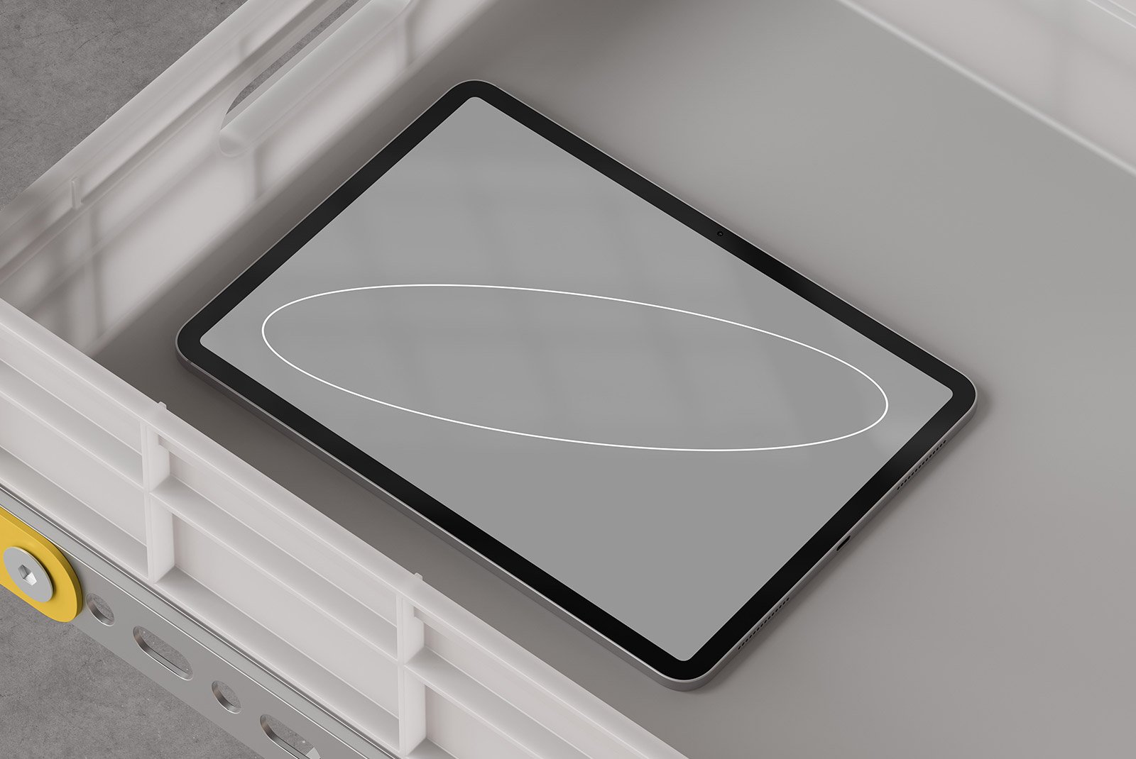 Tablet mockup in a minimal gray workspace environment tech mockup showcasing modern and sleek design digital asset for graphic designers PSD file.