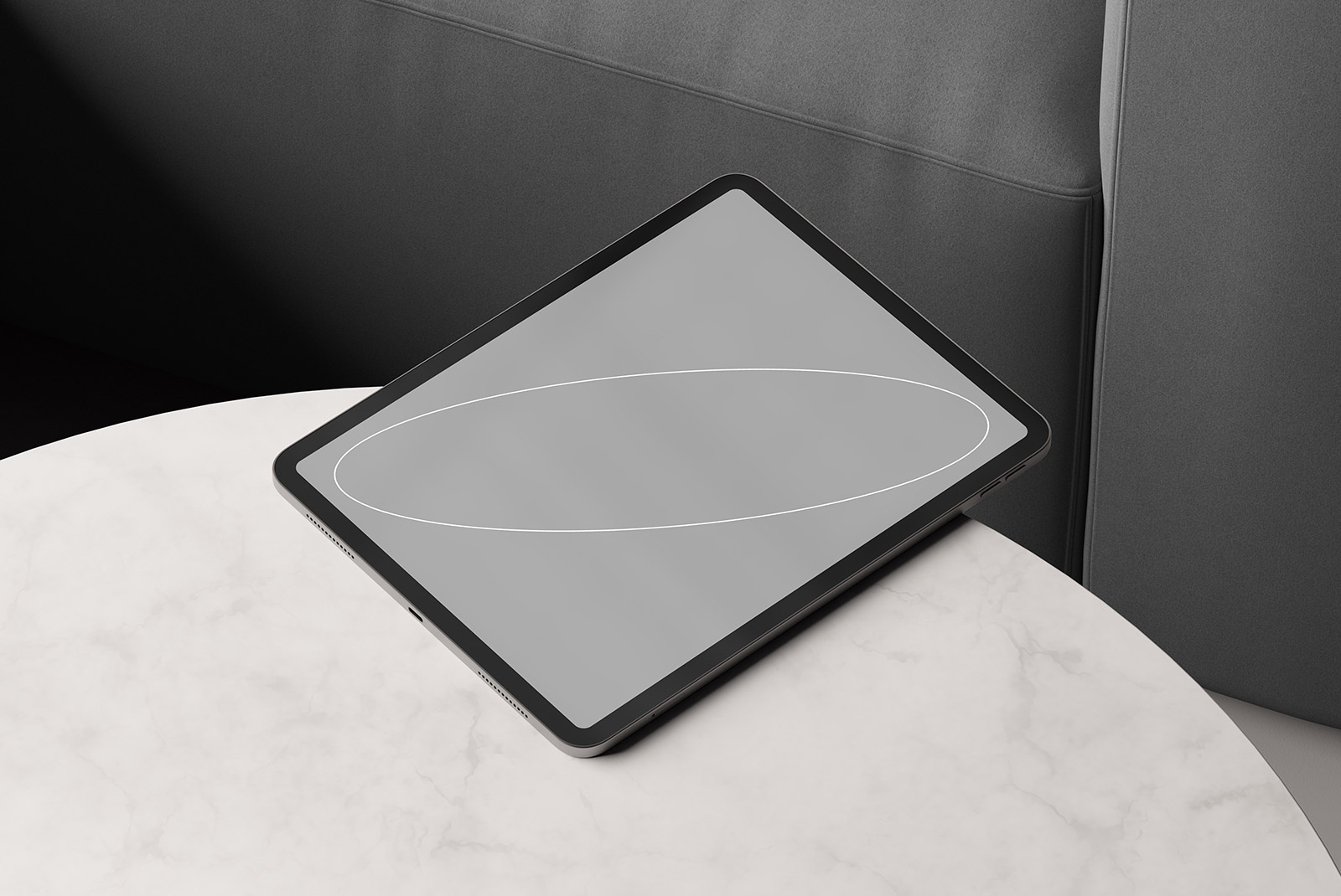 Tablet mockup on marble table and gray sofa in background ideal for showcasing UI design tech mockup tablet screen graphical assets digital display designers