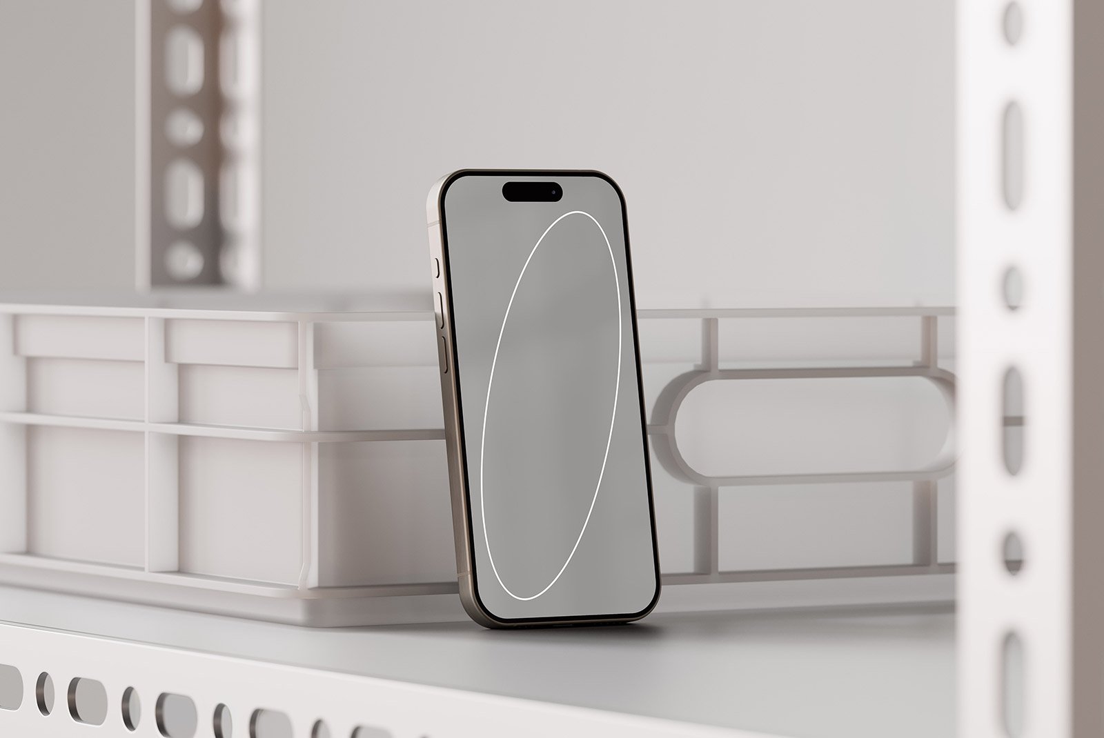 Smartphone mockup on a shelf in a minimalistic tech setting a useful asset for graphic designers focusing on tech mockups and digital product visuals