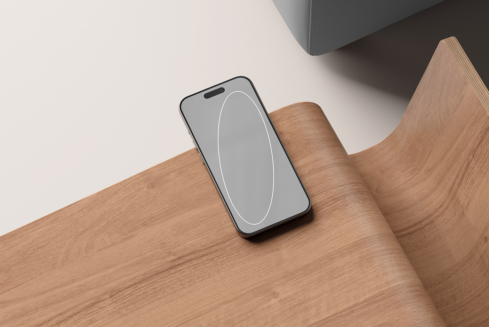 Smartphone mockup on a wooden chair suitable for tech mockups, digital assets for designers, graphic design resources, product presentation template.