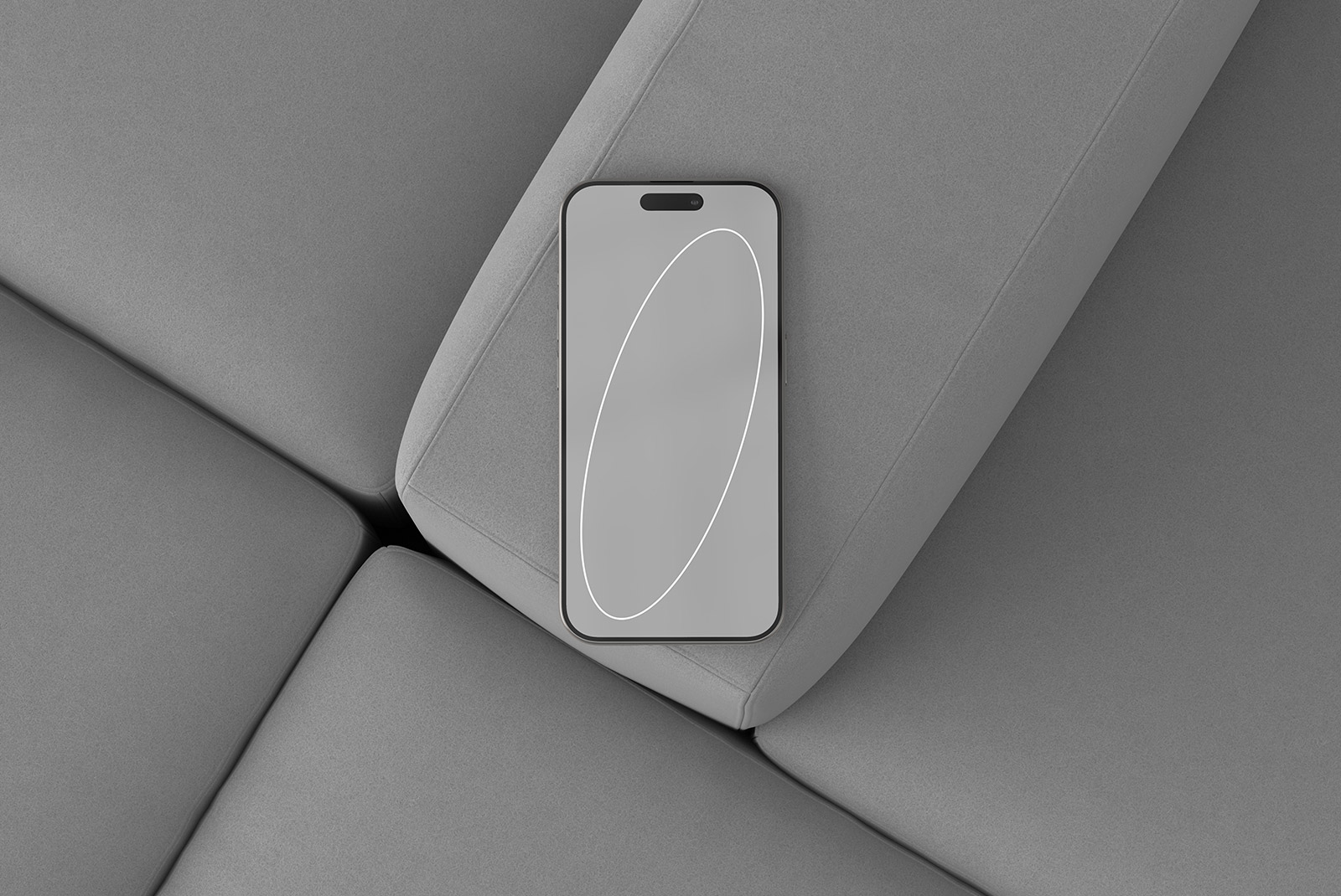 Smartphone mockup on a grey couch, ideal for tech and app design presentations. High-resolution, customizable, suitable for graphic designers and web projects.