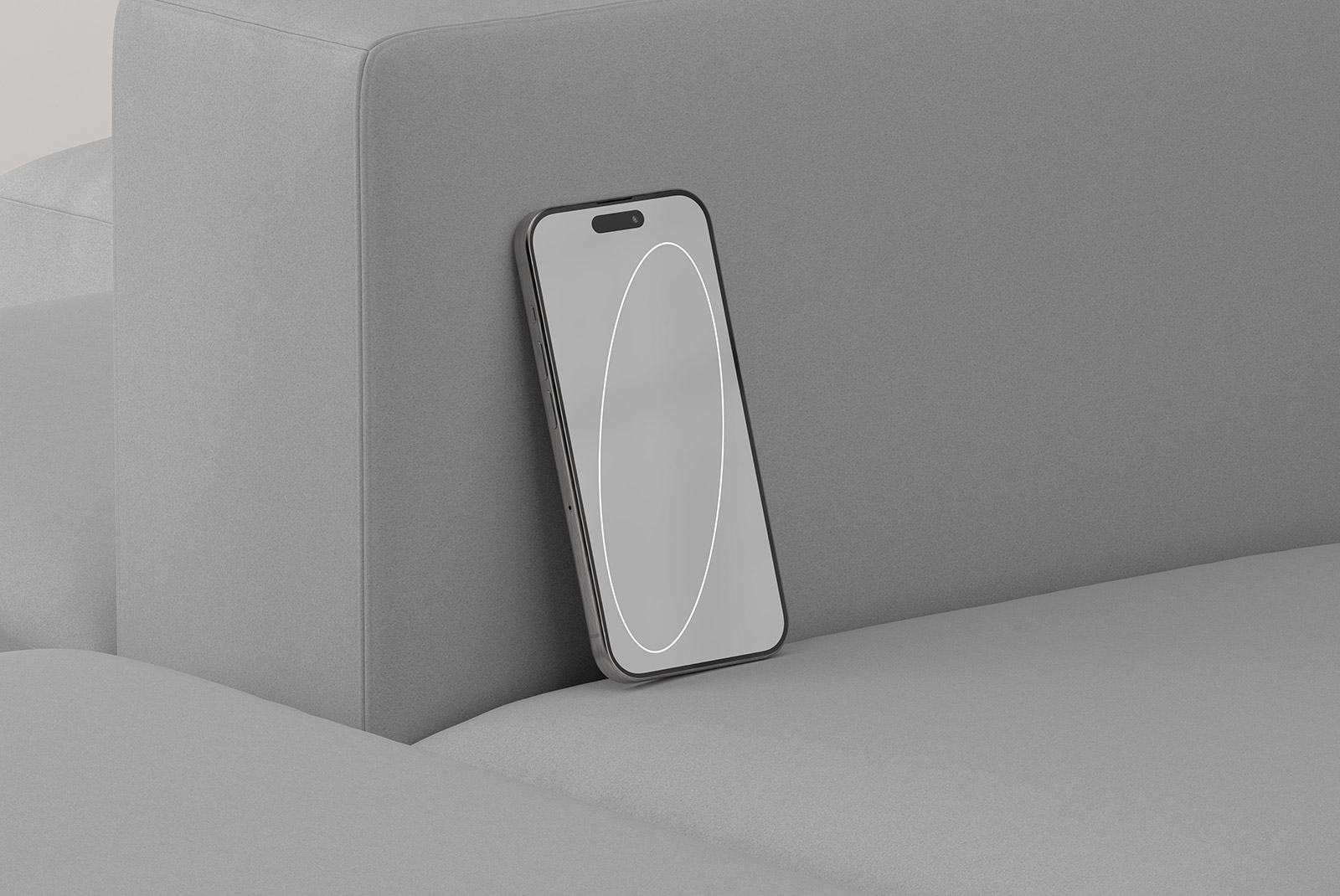 Smartphone tech mockup isolated on a grey sofa showcasing a modern phone screen for graphic designers to use in digital asset stores. Perfect for design presentation.