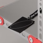 Metal shelf mockup featuring industrial design with black ID badge and lanyard. Ideal for graphic designers and print packaging, tech, or apparel mockups.