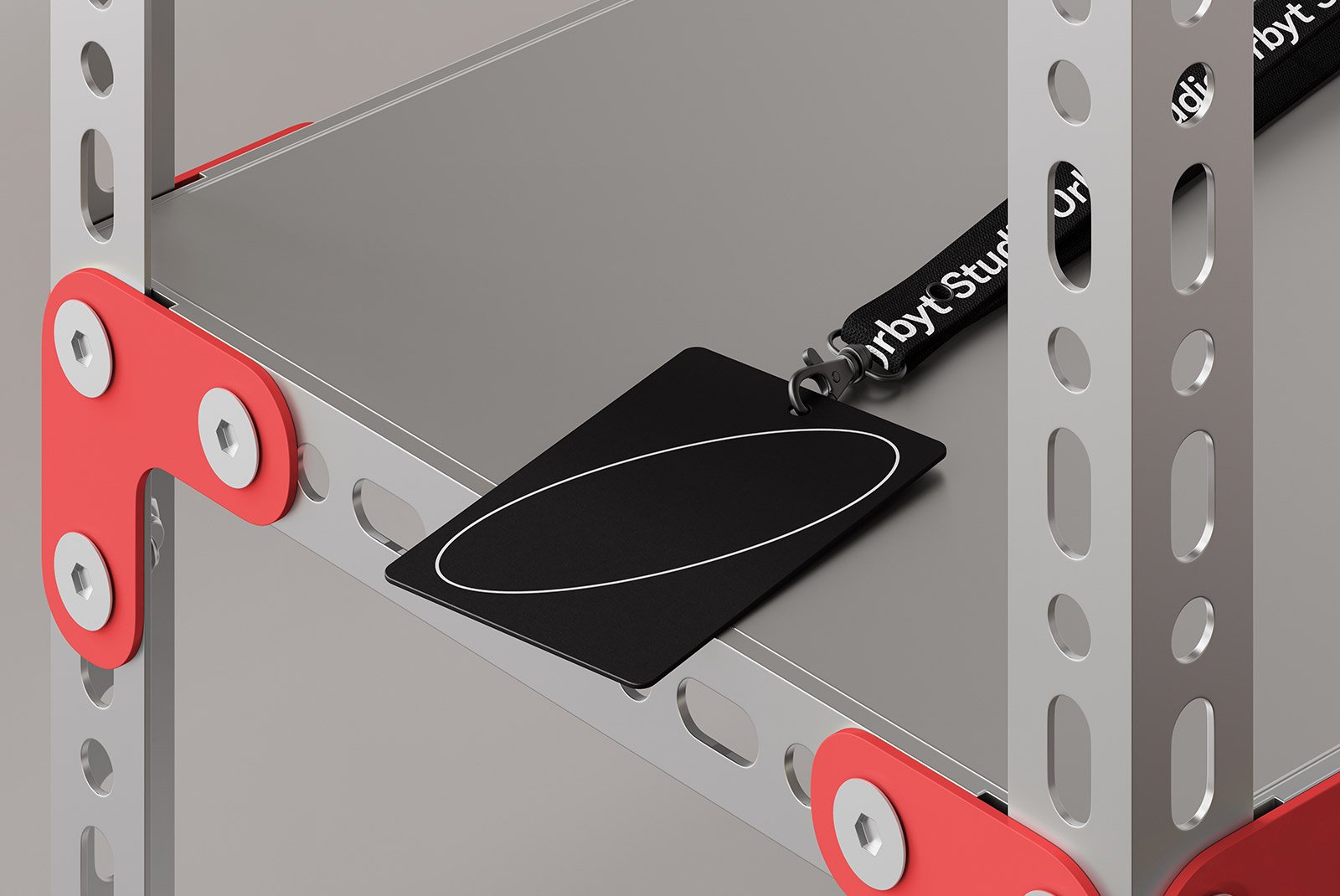 Metal shelf mockup featuring industrial design with black ID badge and lanyard. Ideal for graphic designers and print packaging, tech, or apparel mockups.