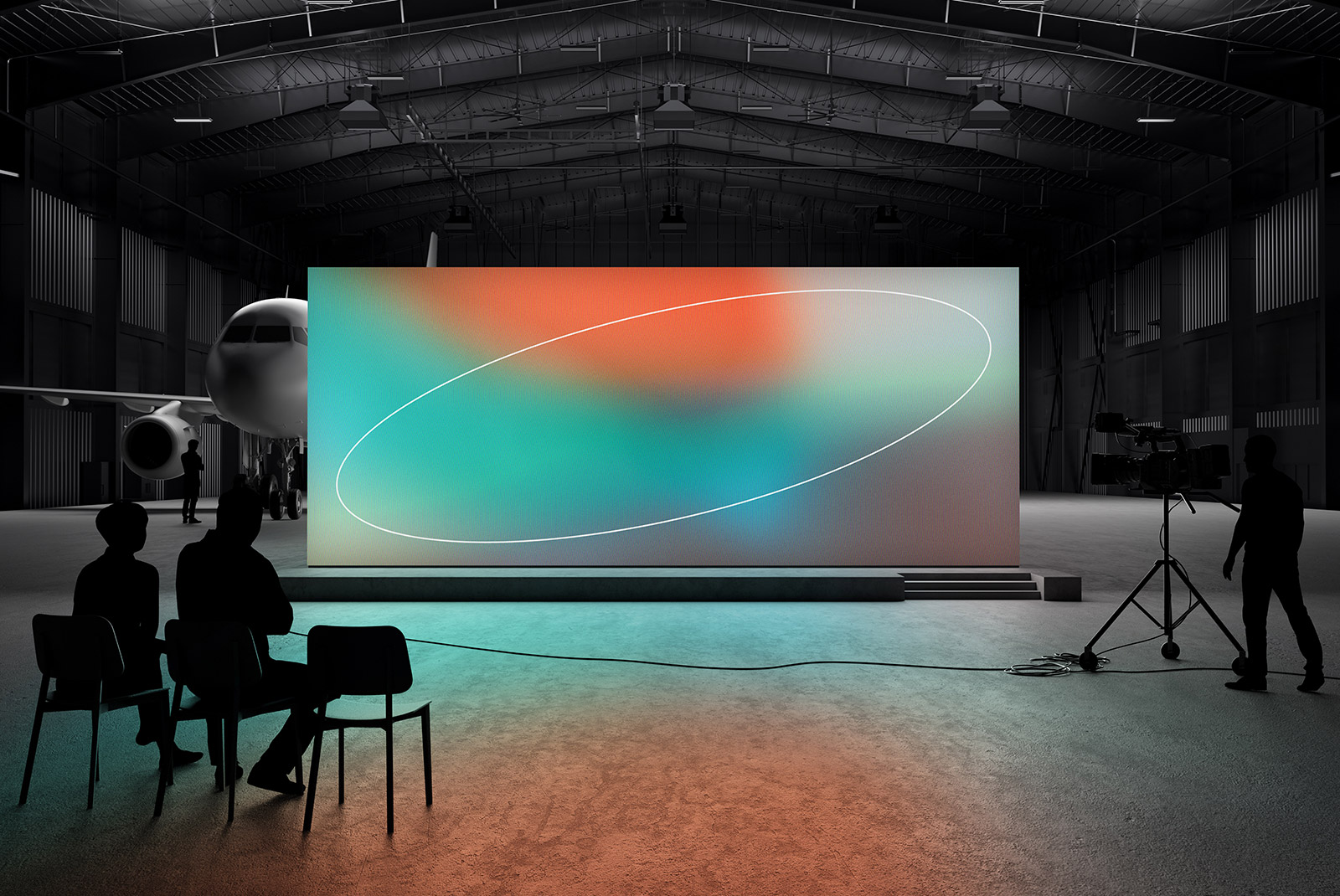 Digital billboard mockup in an airplane hangar with abstract graphics on the screen. Ideal for showcasing graphic design, print mockups, and tech mockups.