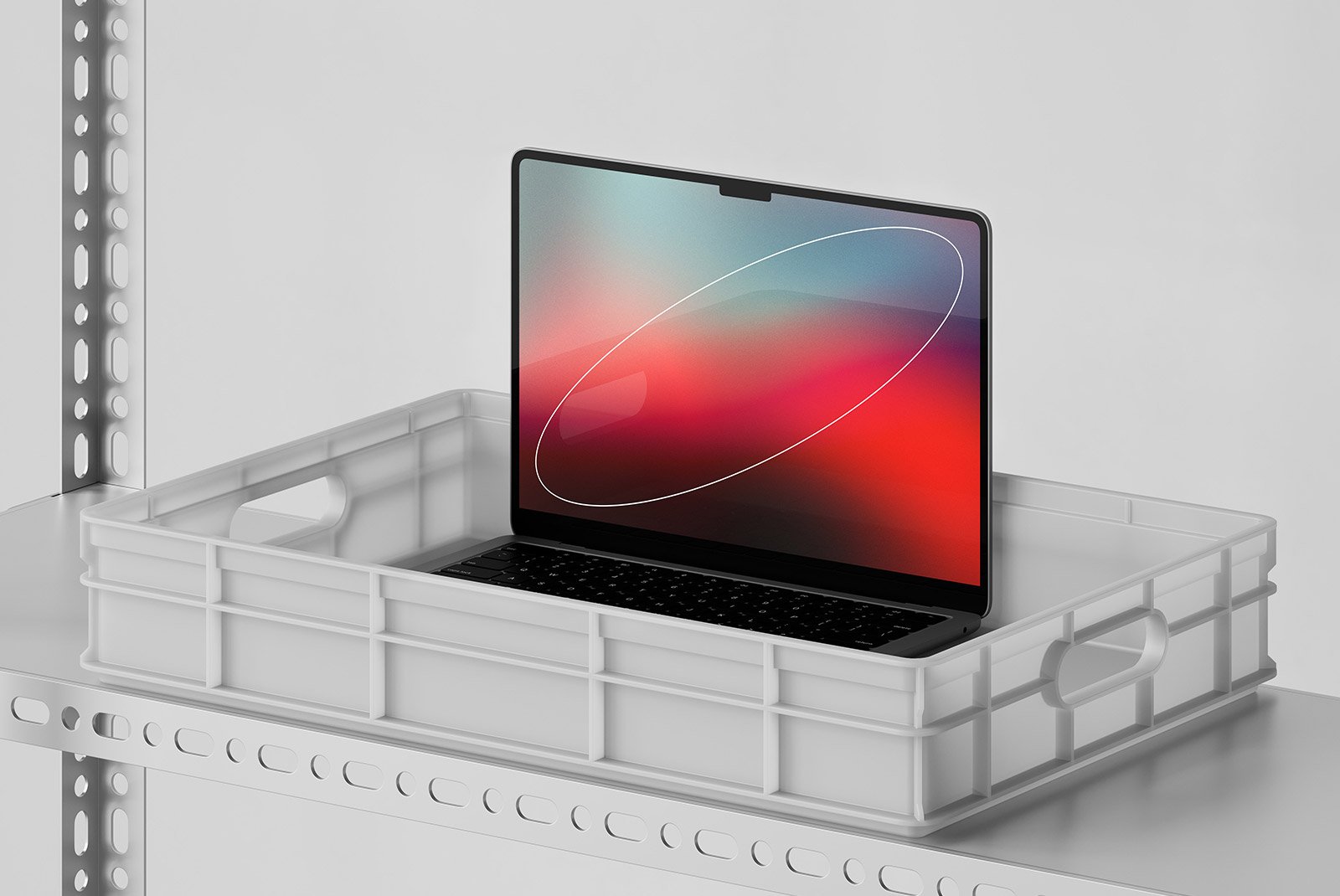 Laptop in a plastic crate on a metal shelf showcasing a vibrant screen. Tech mockup for graphic designers. Perfect for website or UI design presentation.
