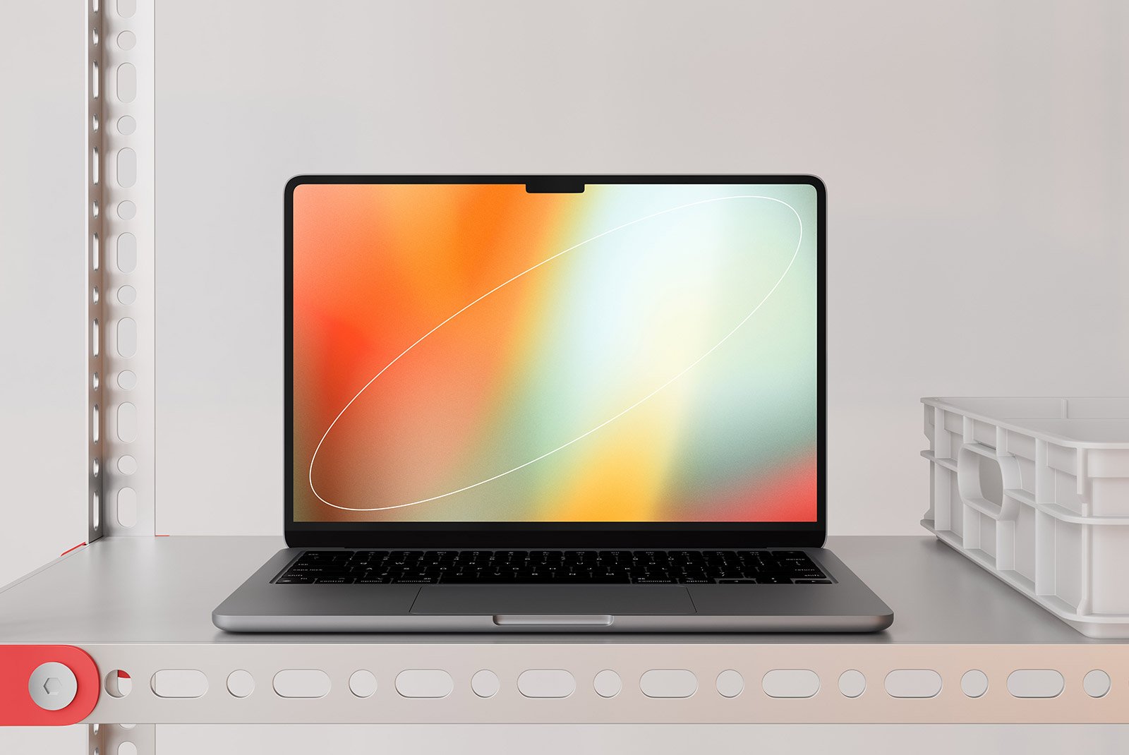 Modern laptop with vibrant screen on an industrial shelf suitable for tech mockups digital assets for graphic designers optimized for SEO.