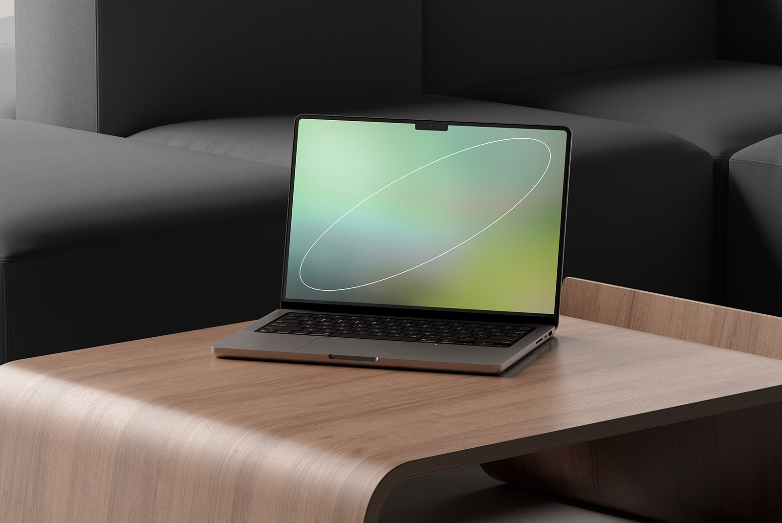 Laptop mockup on a wooden table in a modern office setting perfect for showcasing website designs or app interfaces for graphic designers and digital assets.