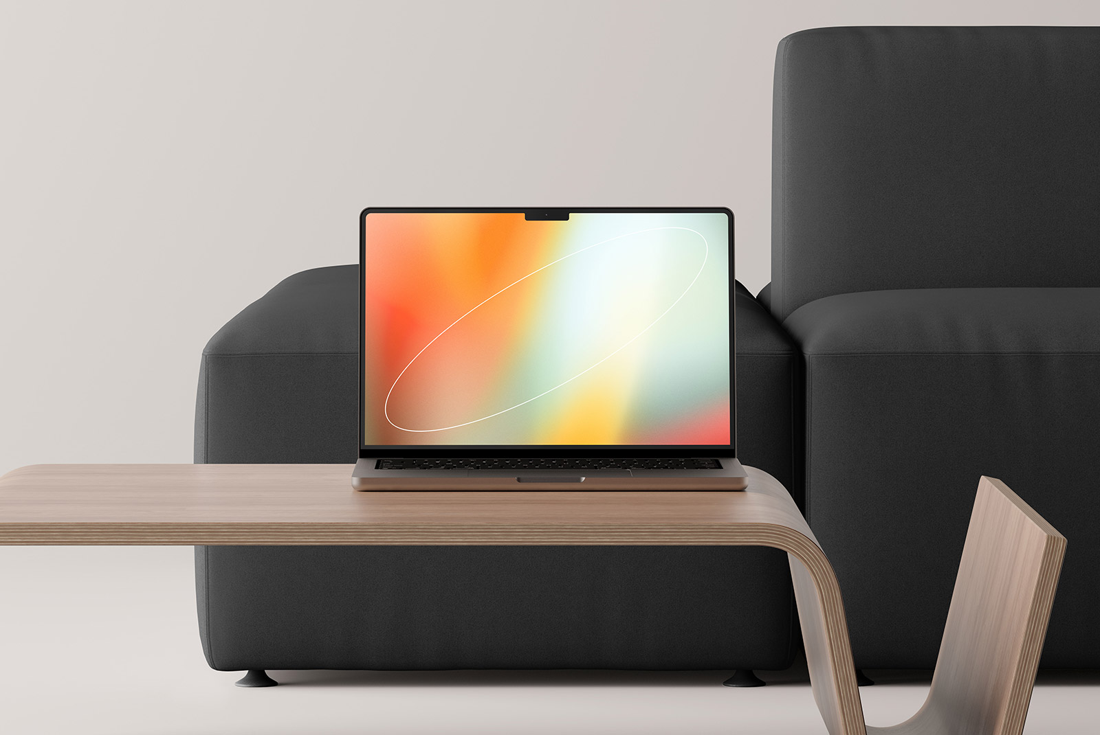 Laptop mockup on a minimalist wooden table with grey couch in the background ideal for tech mockups retail store digital assets design graphic design resource