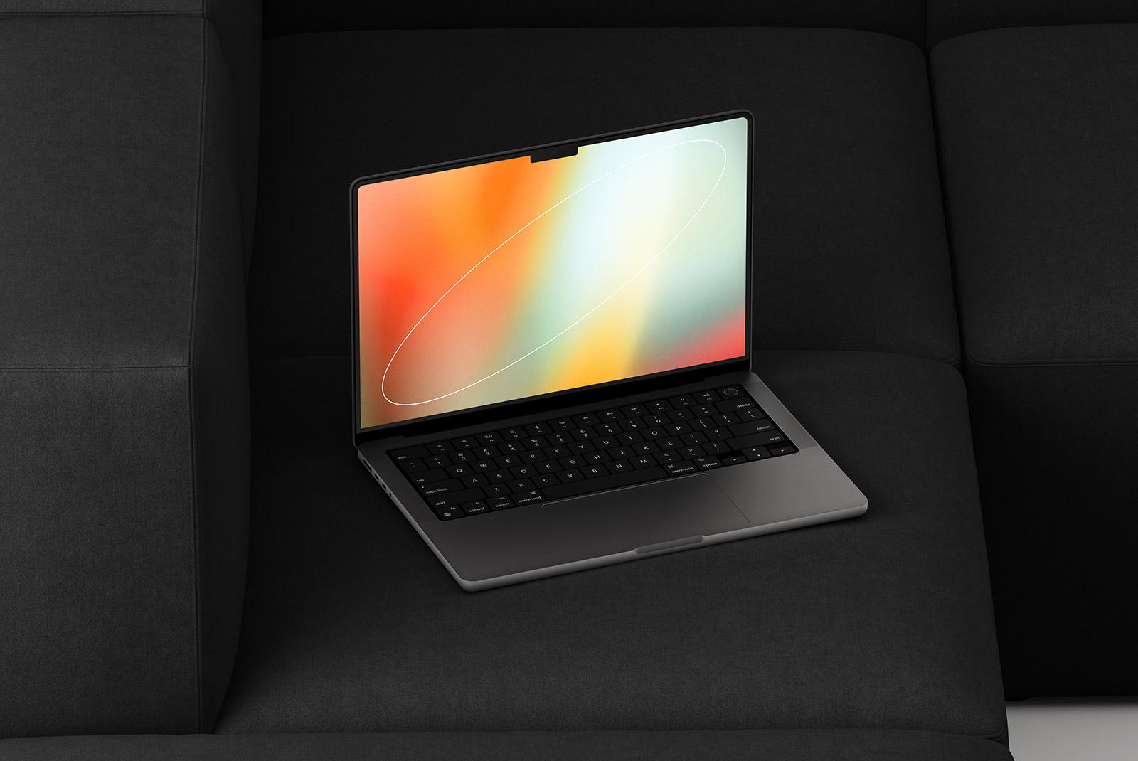 Laptop mockup with an abstract multicolor screen on a black fabric surface, ideal for tech presentations, graphic design projects, and digital asset showcases.