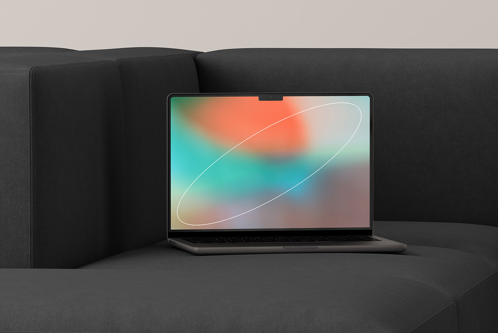 Modern laptop with colorful abstract screen on dark sofa digital asset for designers tech mockups high-quality stock images for graphic design projects