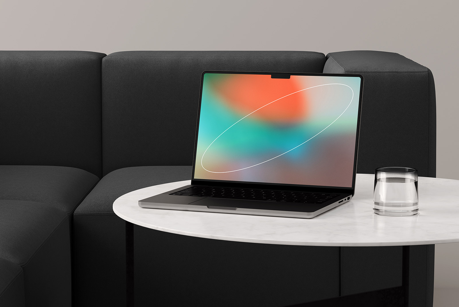 Modern laptop tech mockup on a marble table with a glass of water and a dark sofa background perfect for showcasing digital designs to graphic designers.